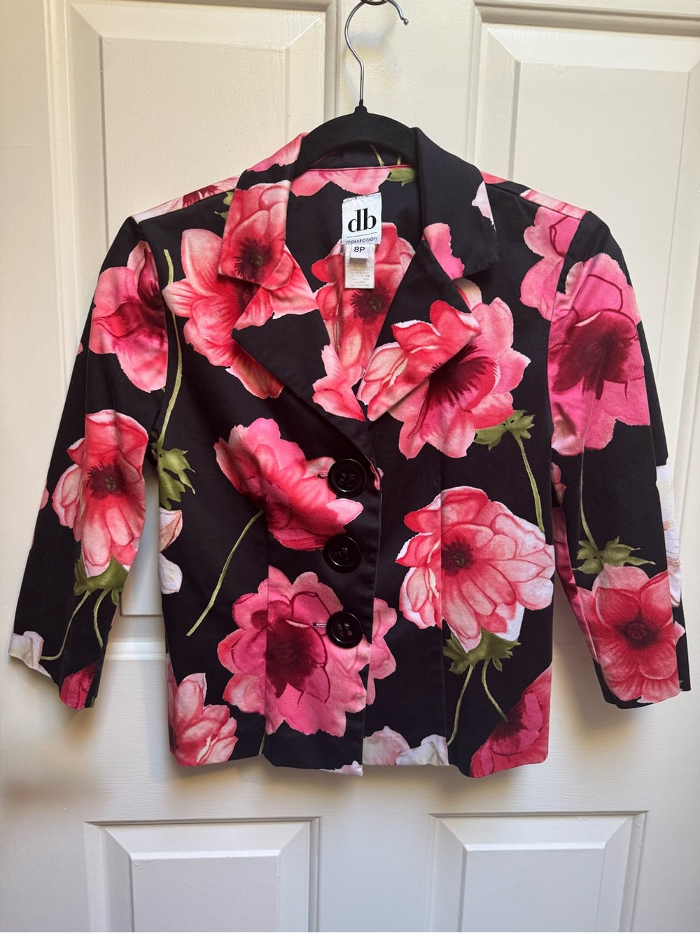 db Collection Pink Floral Black 3 Button 3/4 sleeves Jacket womens size 8Petite